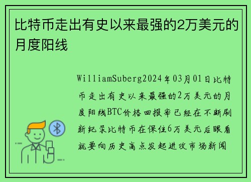 比特币走出有史以来最强的2万美元的月度阳线 