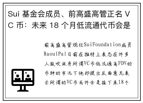 Sui 基金会成员、前高盛高管正名 VC 币：未来 18 个月低流通代币会是最好选择